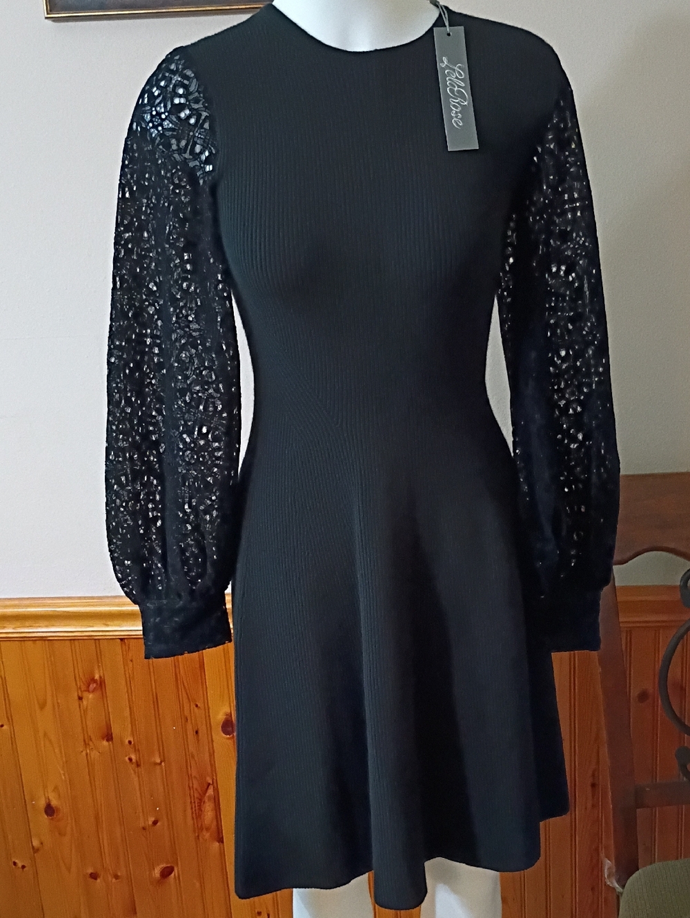 Lela Rose Black Ribbed Fit-and-Flare Dress with Lace Long Sleeves